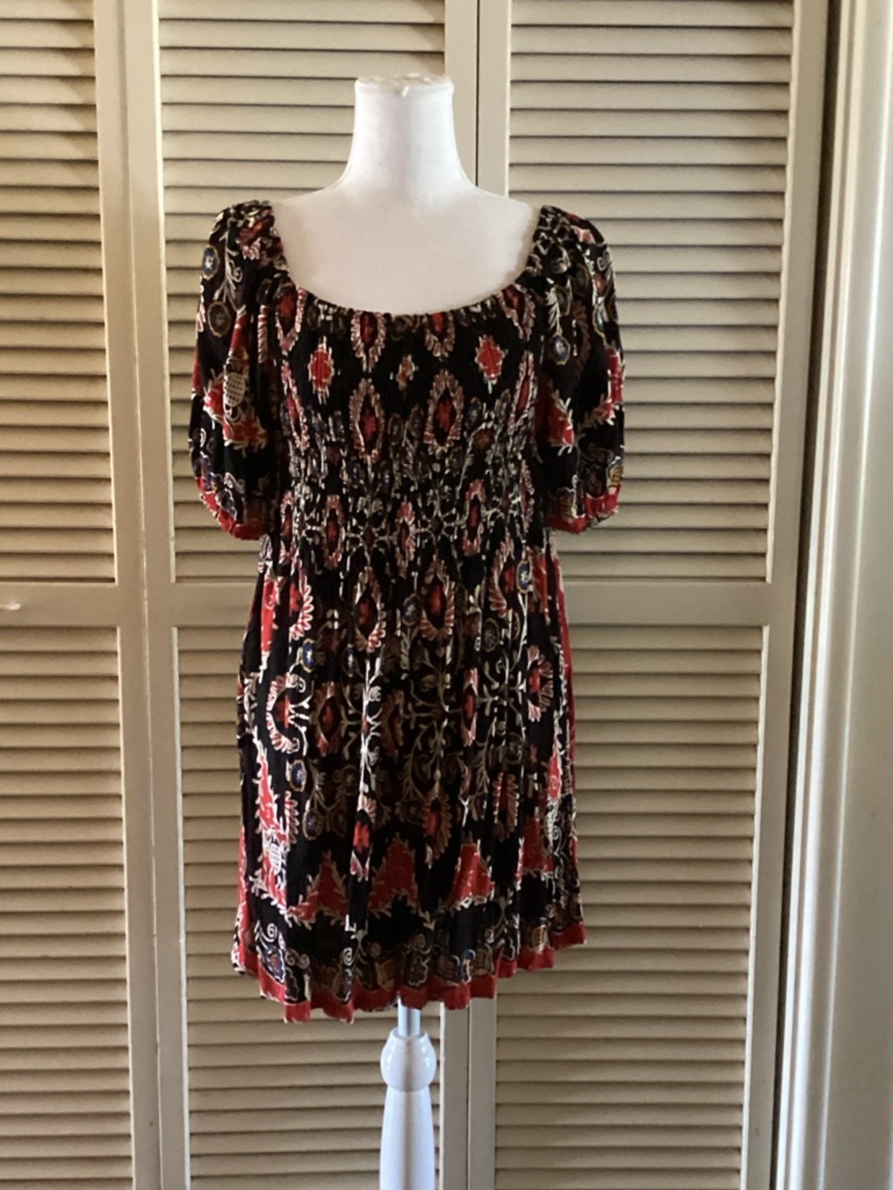 Angie Black Floral Midi Dress with Red and Cream Accents Romper
